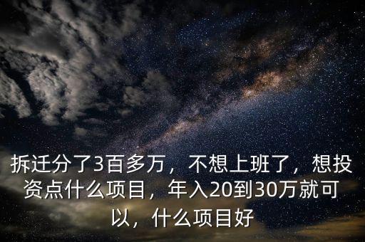 拆遷分了3百多萬，不想上班了，想投資點什么項目，年入20到30萬就可以，什么項目好
