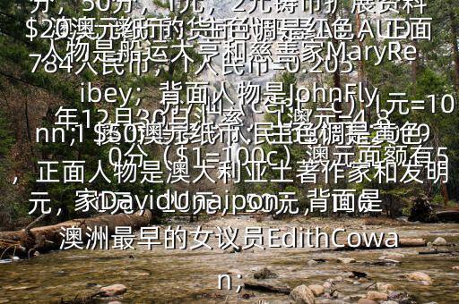 1 澳幣是多少人民幣$根據(jù)2019年12月30日匯率，1澳元=4.8784人民幣，1人民幣=0.205澳元 澳幣的貨幣代碼是A$,AUD，分/仙（cent，c）1元=100分（$1=100c）澳元面額有5元，10元，20元，50元，100元的塑料錢幣另有5分，10分，20分，50分，1元，2元鑄幣擴展資料$20澳元紙幣：主色調(diào)是紅色，正面人物是船運大亨和慈善家MaryReibey；背面人物是JohnFlynn；$50澳元紙幣：主色調(diào)是黃色，正面人物是澳大利亞土著作家和發(fā)明家DavidUnaipon；背面是澳洲最早的女議員EdithCowan；