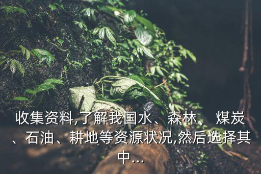 收集資料,了解我國水、森林、 煤炭、石油、耕地等資源狀況,然后選擇其中...
